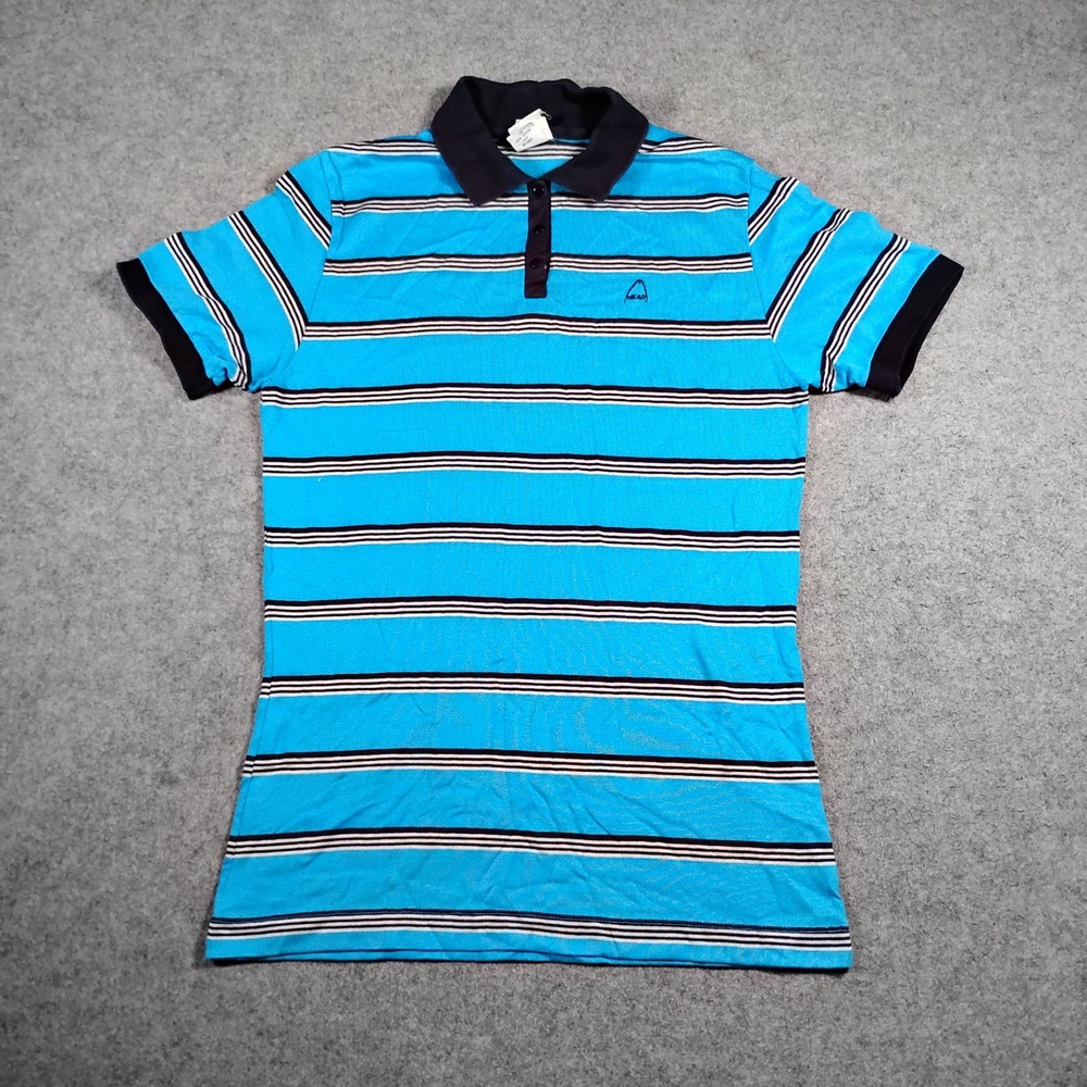 Ahead USA Vintage Striped Polo Shirt Womens Large Blue Cotton Lisle Short Sleeve